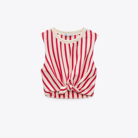 NWT ZARA Women M CROP TOP WITH KNOT Sleeveless Red Cream Stripe Stretch - Picture 4 of 7